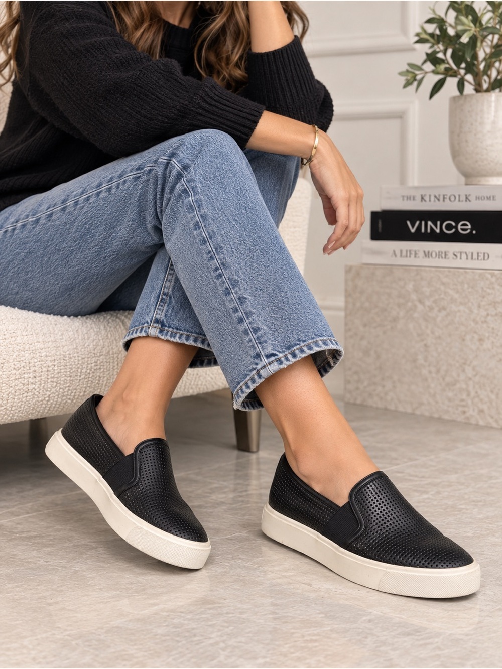 Vince Blair Black Perforated Italian Leather Slip On Sneakers Shoes EU 36 US 6